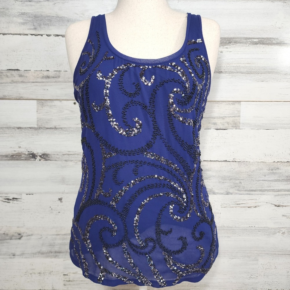 Express Tank Top Women Small Blue Sequin Beaded Swirl Party Sleeveless